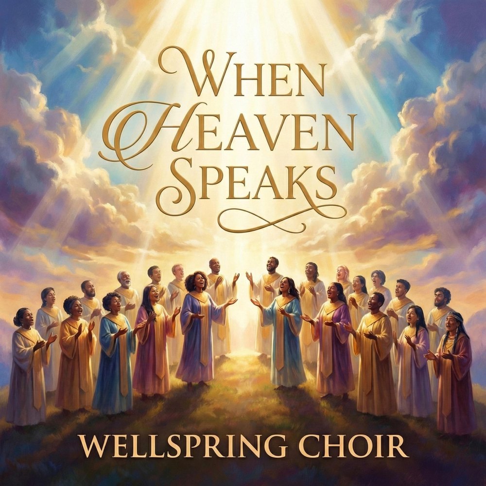 Cover art for When Heaven Speaks by Wellspring Choir: a choir of robed singers with raised hands beneath clouds and rays of light