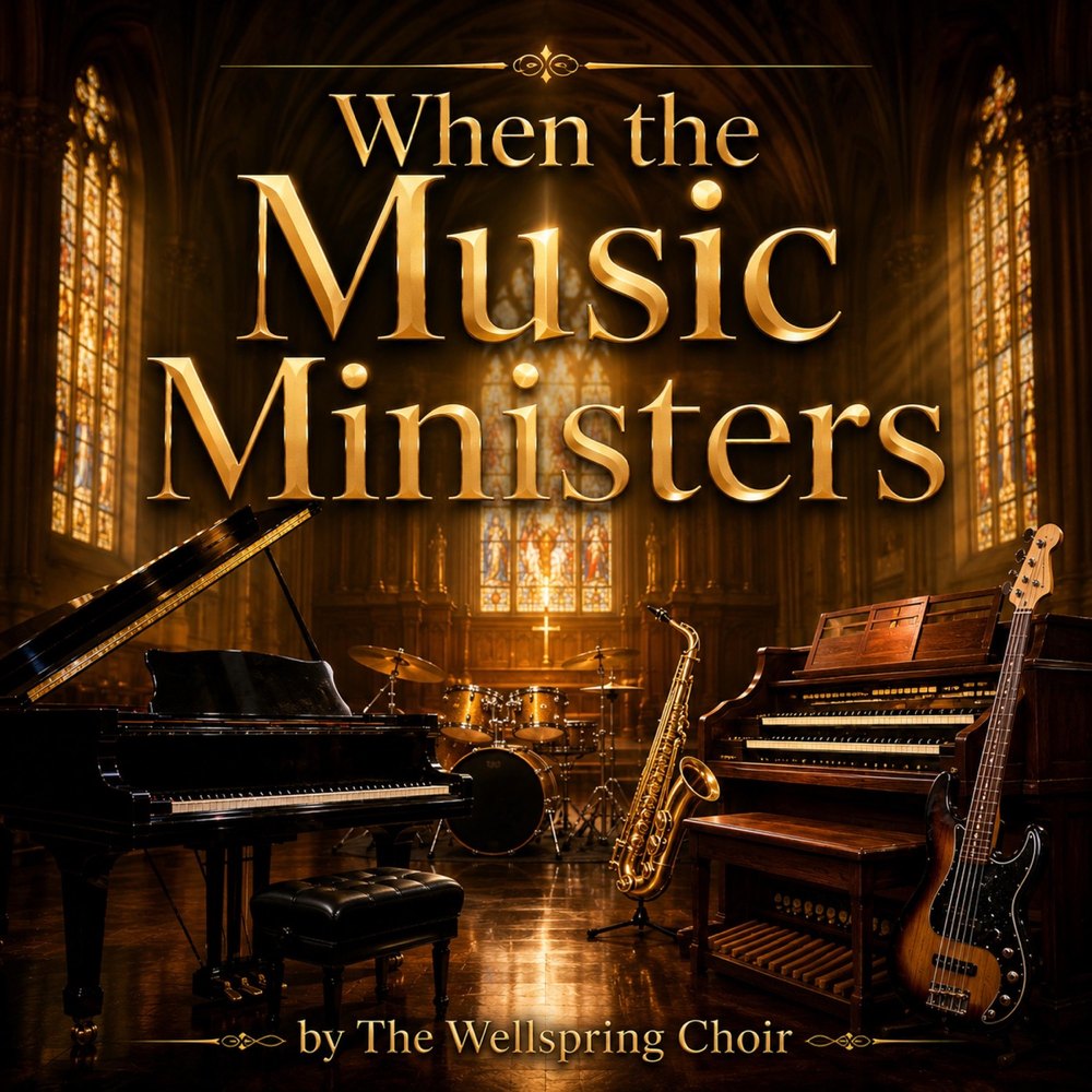 Cover art for When the Music Ministers by Wellspring Choir: a warmly lit sanctuary with a grand piano, organ, saxophone, drums and bass